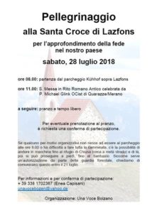 Pellegrinaggio alla Santa Croce di Lazfons il 28 luglio 2018